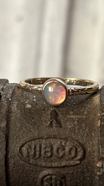Ethiopian Opal in 14k yellow gold on engraved vintage 1966 floral band engagement ring upcycled gold
