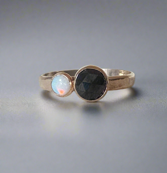 Black and White Ring Black Rosecut Diamond and Australian Opal Alternative Engagement Ring handmade