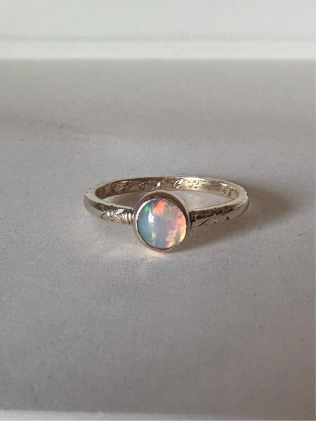 Ethiopian Opal in 14k yellow gold on engraved vintage 1966 floral band engagement ring upcycled gold