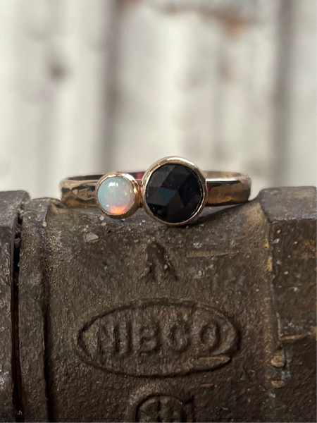 Black and White Ring Black Rosecut Diamond and Australian Opal Alternative Engagement Ring handmade