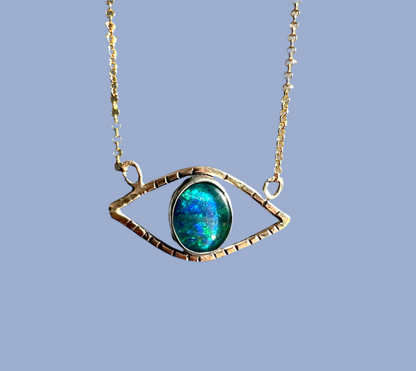 Opal Evil Eye Handmade Pendant in 14k Goldfilled wire