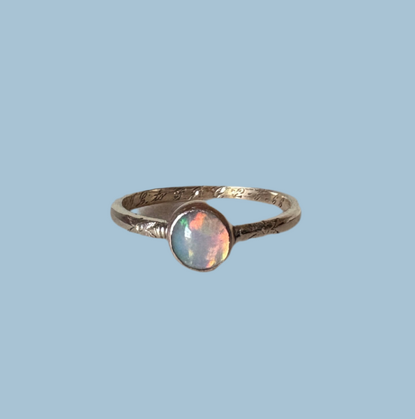 Ethiopian Opal in 14k yellow gold on engraved vintage 1966 floral band engagement ring upcycled gold