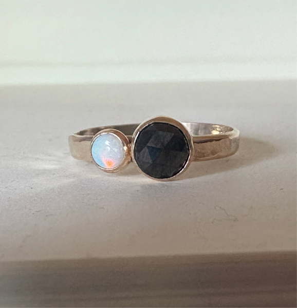 Black and White Ring Black Rosecut Diamond and Australian Opal Alternative Engagement Ring handmade