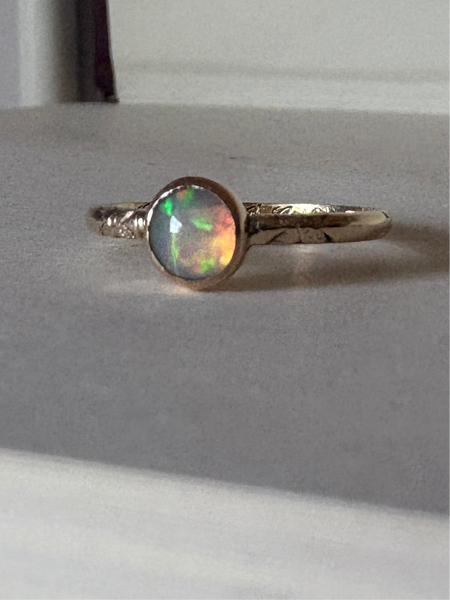Ethiopian Opal in 14k yellow gold on engraved vintage 1966 floral band engagement ring upcycled gold
