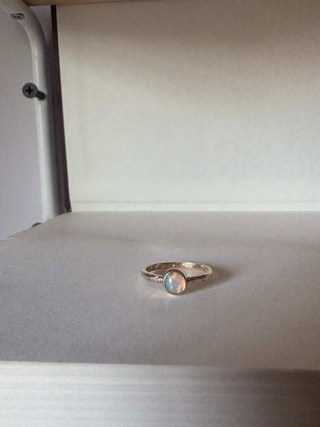 Ethiopian Opal in 14k yellow gold on engraved vintage 1966 floral band engagement ring upcycled gold