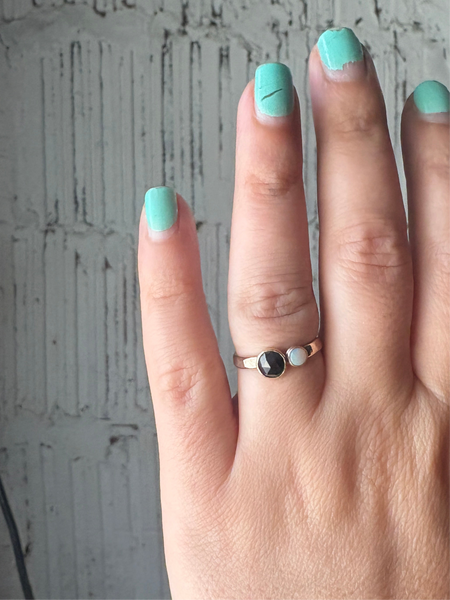 Black and White Ring Black Rosecut Diamond and Australian Opal Alternative Engagement Ring handmade
