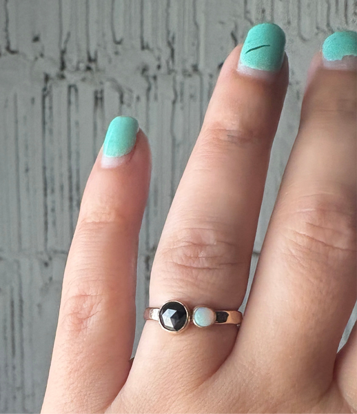 Black and White Ring Black Rosecut Diamond and Australian Opal Alternative Engagement Ring handmade