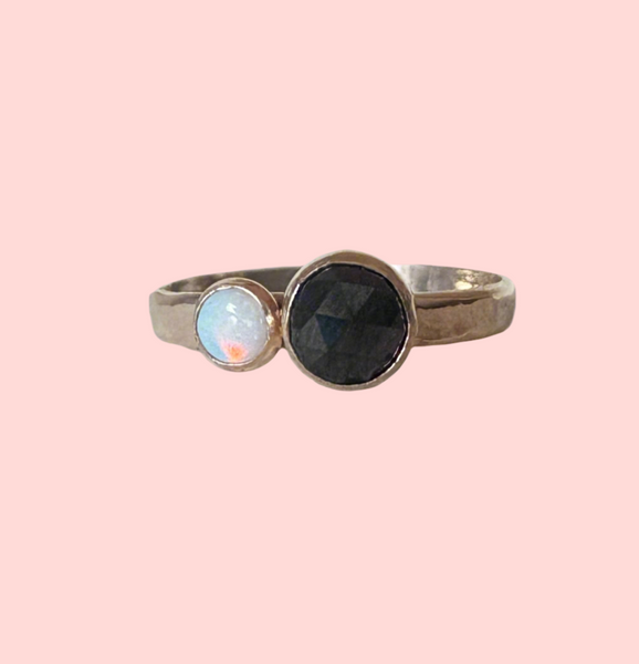 Black and White Ring Black Rosecut Diamond and Australian Opal Alternative Engagement Ring handmade