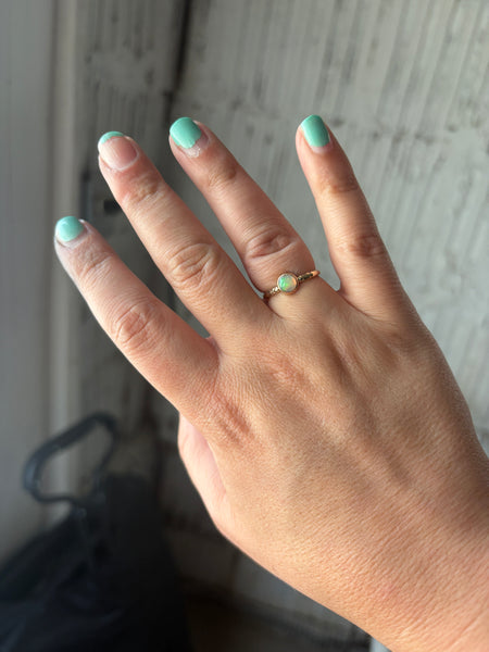 Ethiopian Opal in 14k yellow gold on engraved vintage 1966 floral band engagement ring upcycled gold