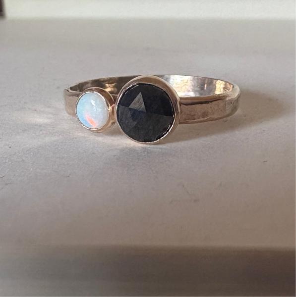 Black and White Ring Black Rosecut Diamond and Australian Opal Alternative Engagement Ring handmade