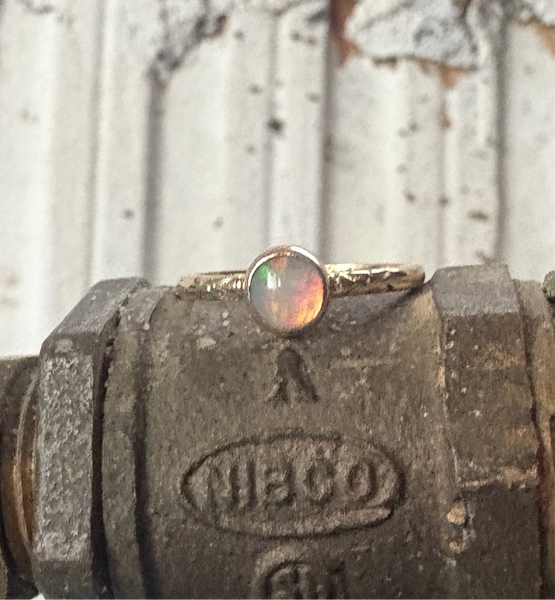 Ethiopian Opal in 14k yellow gold on engraved vintage 1966 floral band engagement ring upcycled gold