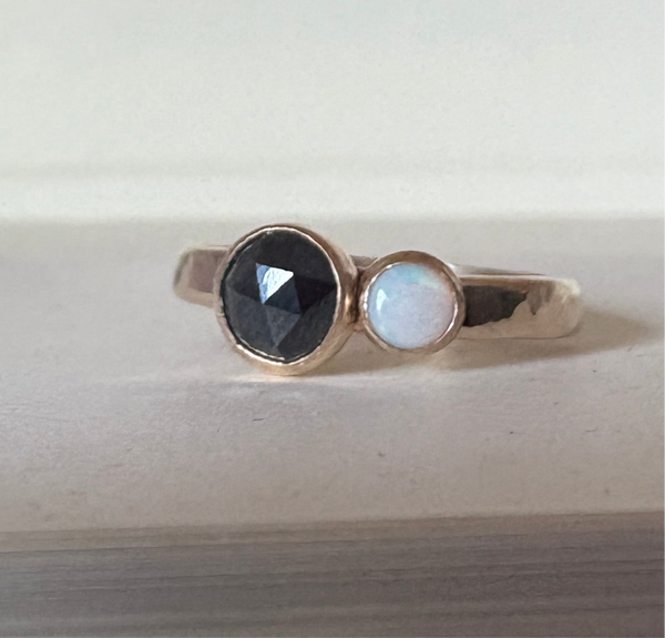 Black and White Ring Black Rosecut Diamond and Australian Opal Alternative Engagement Ring handmade
