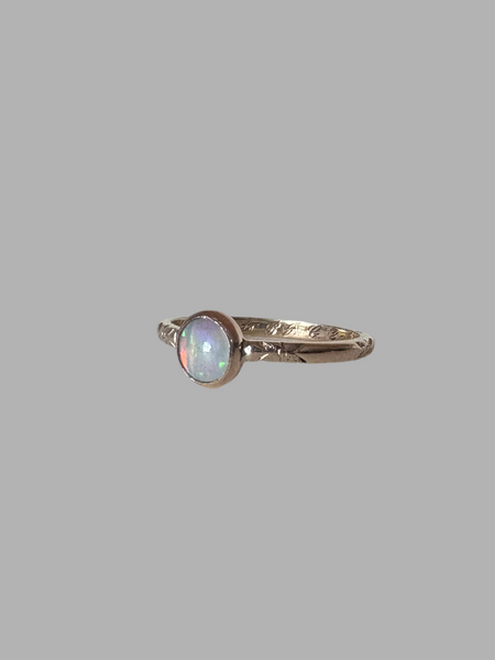 Ethiopian Opal in 14k yellow gold on engraved vintage 1966 floral band engagement ring upcycled gold