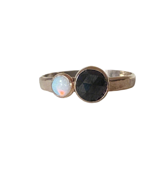 Black and White Ring Black Rosecut Diamond and Australian Opal Alternative Engagement Ring handmade
