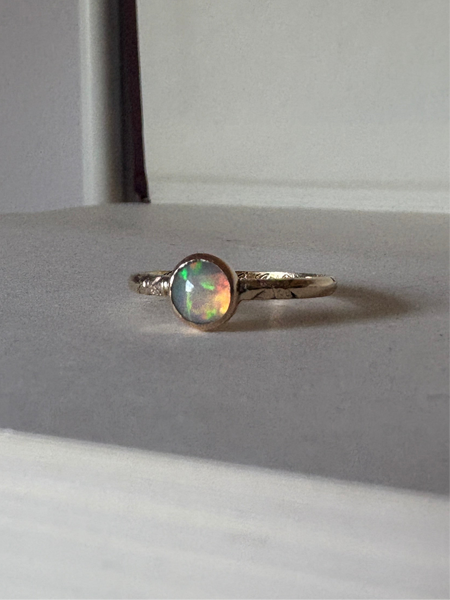 Ethiopian Opal in 14k yellow gold on engraved vintage 1966 floral band engagement ring upcycled gold