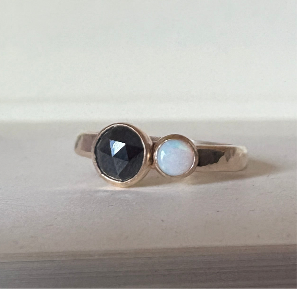Black and White Ring Black Rosecut Diamond and Australian Opal Alternative Engagement Ring handmade