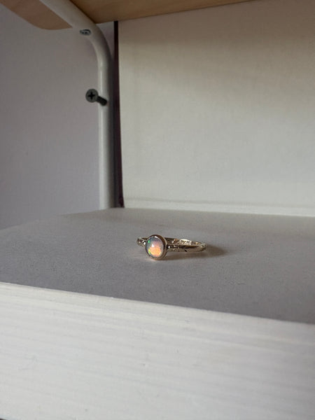 Ethiopian Opal in 14k yellow gold on engraved vintage 1966 floral band engagement ring upcycled gold