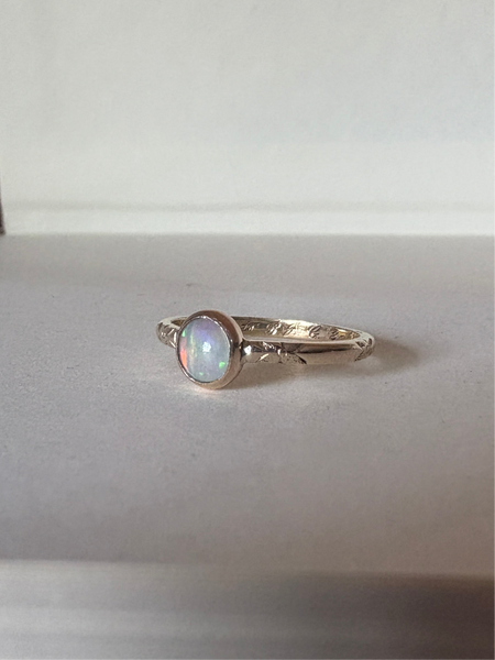 Ethiopian Opal in 14k yellow gold on engraved vintage 1966 floral band engagement ring upcycled gold