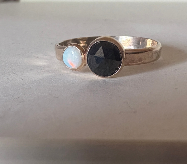 Black and White Ring Black Rosecut Diamond and Australian Opal Alternative Engagement Ring handmade