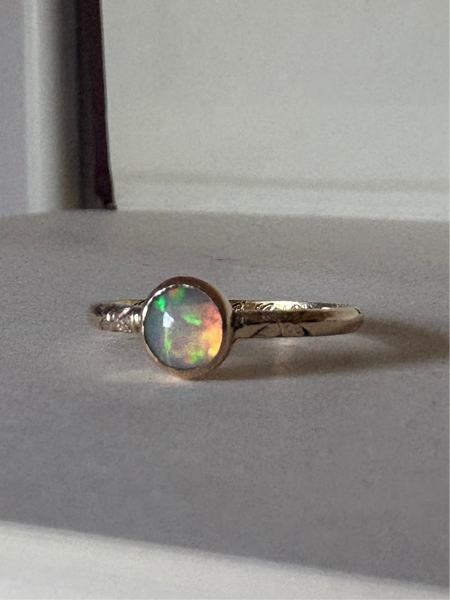 Ethiopian Opal in 14k yellow gold on engraved vintage 1966 floral band engagement ring upcycled gold