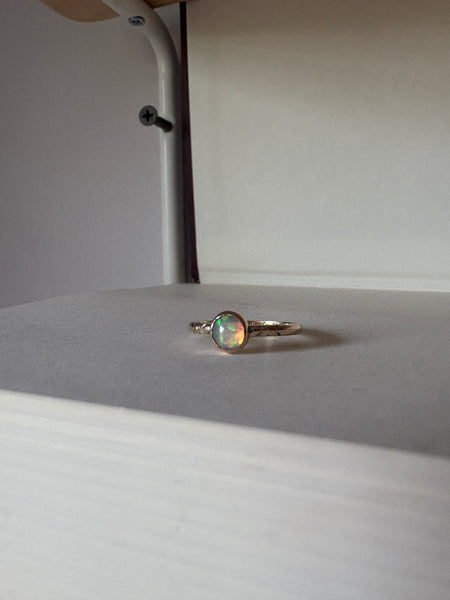 Ethiopian Opal in 14k yellow gold on engraved vintage 1966 floral band engagement ring upcycled gold