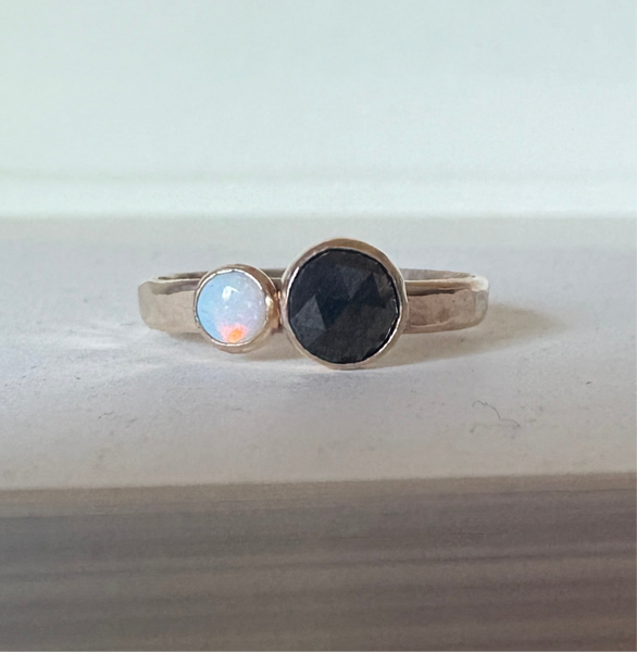 Black and White Ring Black Rosecut Diamond and Australian Opal Alternative Engagement Ring handmade