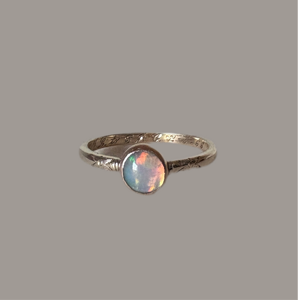 Ethiopian Opal in 14k yellow gold on engraved vintage 1966 floral band engagement ring upcycled gold