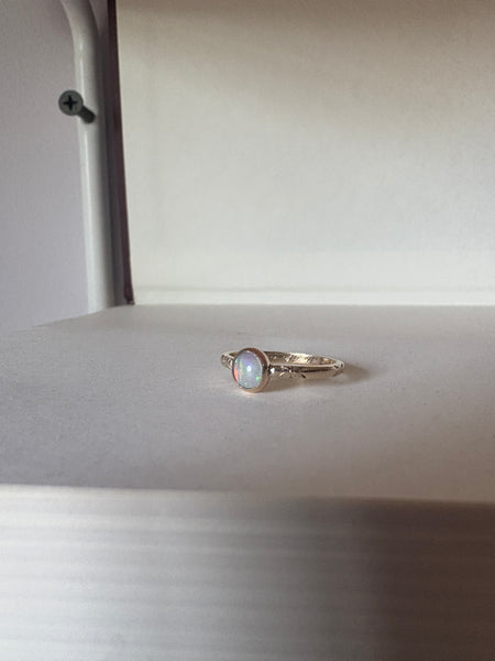 Ethiopian Opal in 14k yellow gold on engraved vintage 1966 floral band engagement ring upcycled gold