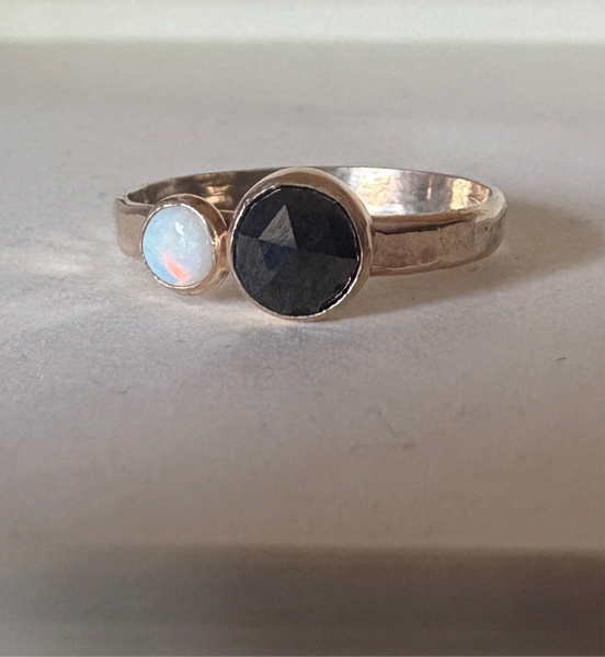 Black and White Ring Black Rosecut Diamond and Australian Opal Alternative Engagement Ring handmade