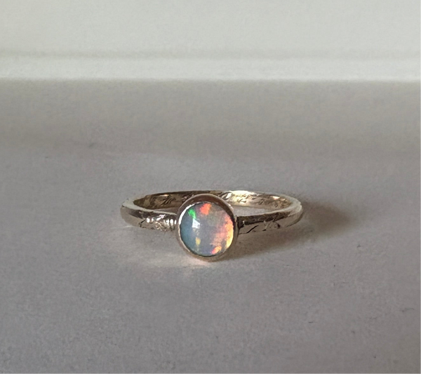 Ethiopian Opal in 14k yellow gold on engraved vintage 1966 floral band engagement ring upcycled gold