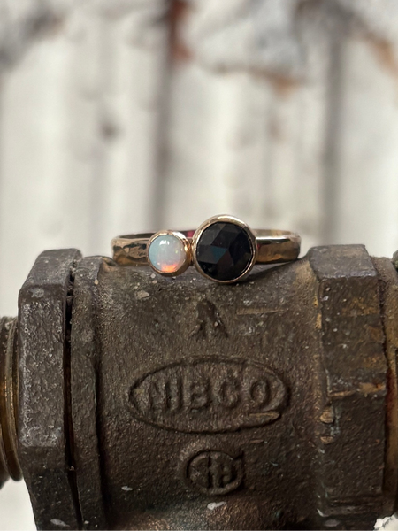 Black and White Ring Black Rosecut Diamond and Australian Opal Alternative Engagement Ring handmade