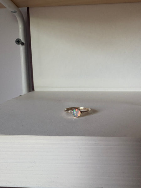 Ethiopian Opal in 14k yellow gold on engraved vintage 1966 floral band engagement ring upcycled gold