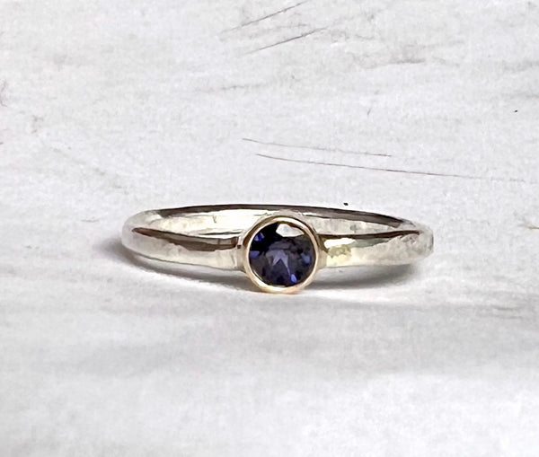 5mm Iolite Solitaire Ring in 14k gold on chunky hammered sterling silver band