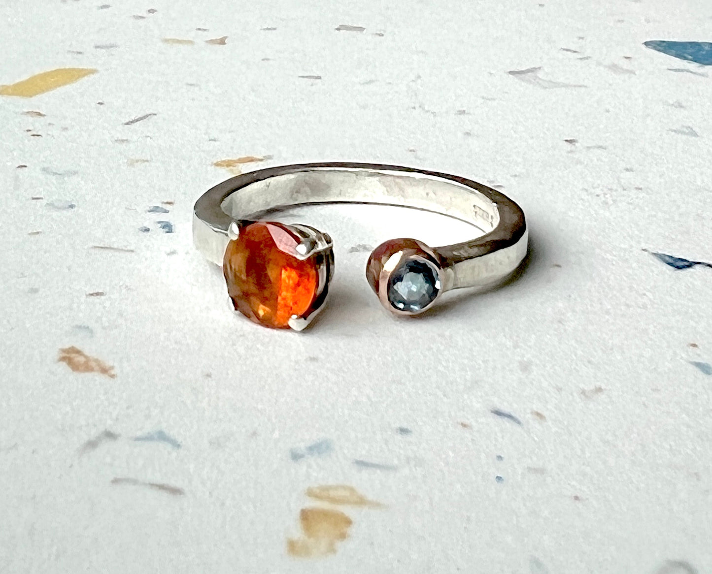 Mexican Fire Opal and Blue Diamond Toi Et Mio Double Stone Ring