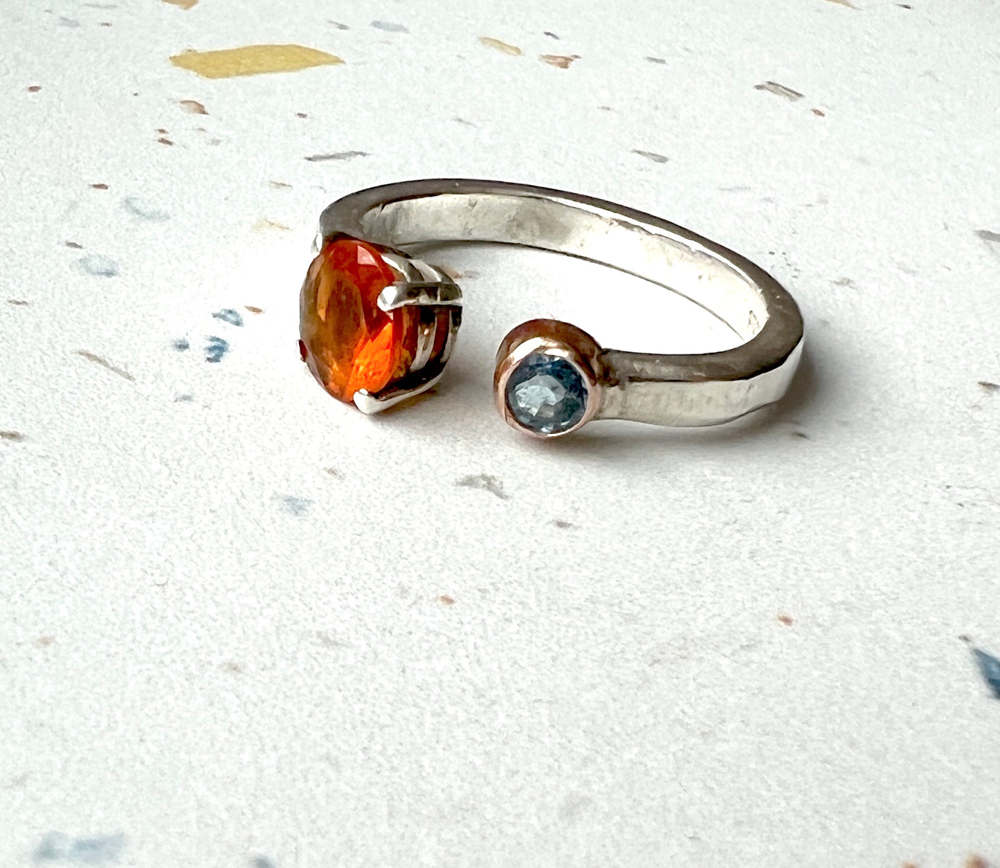Mexican Fire Opal and Blue Diamond Toi Et Mio Double Stone Ring