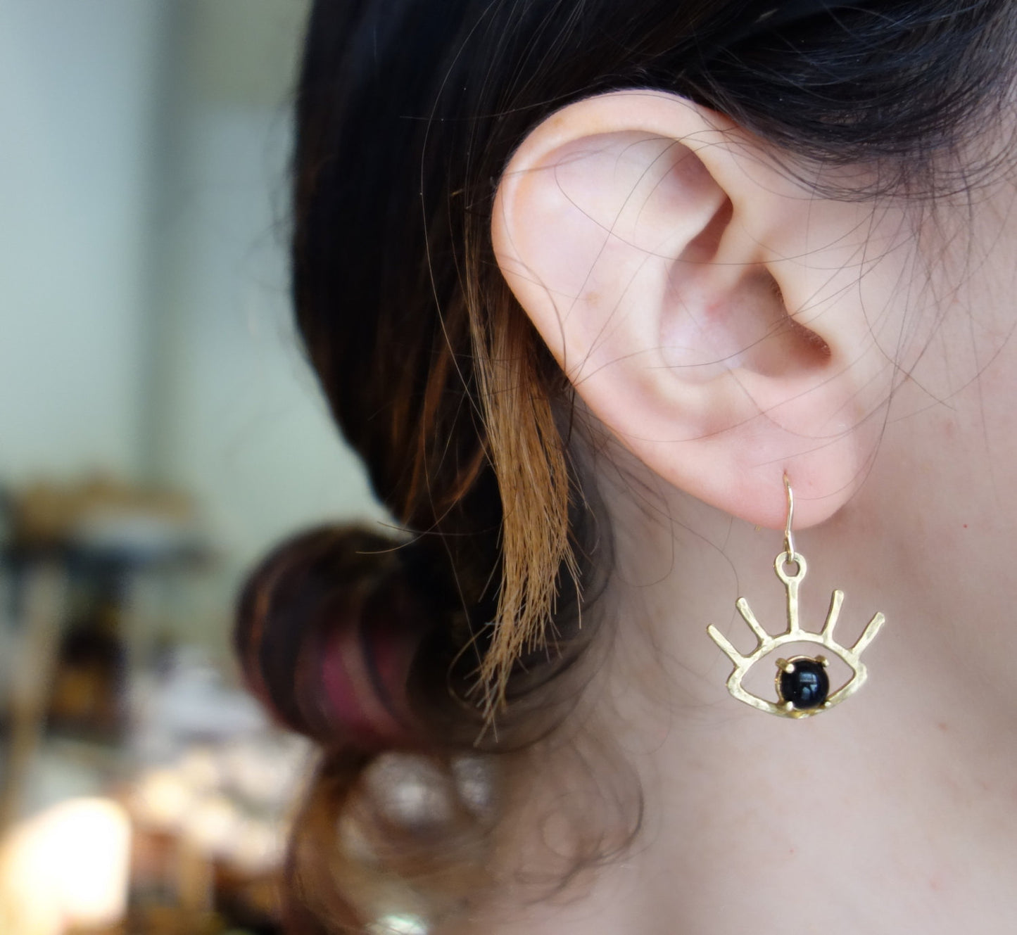 Beholder Earrings: Brass and Black Onyx Eye Dangle Earrings
