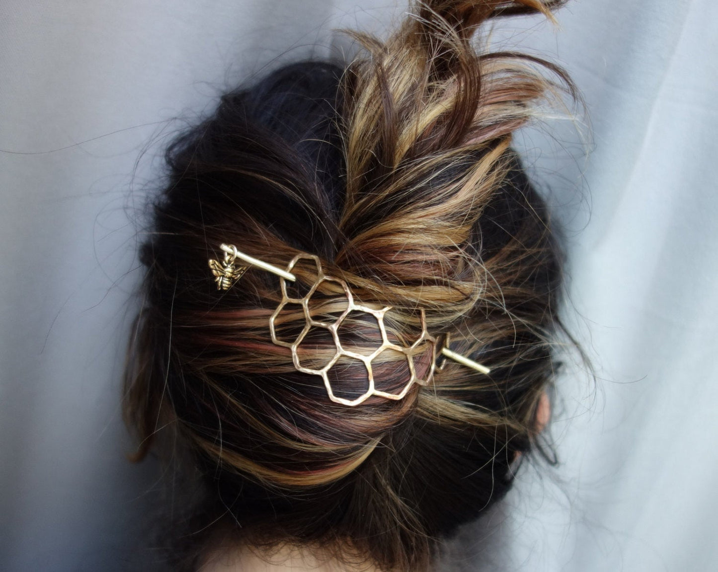 Large Brass Honeycomb Handmade Hair Bun Slide Pin with Dangling Bee Hair Twist Bun Pin