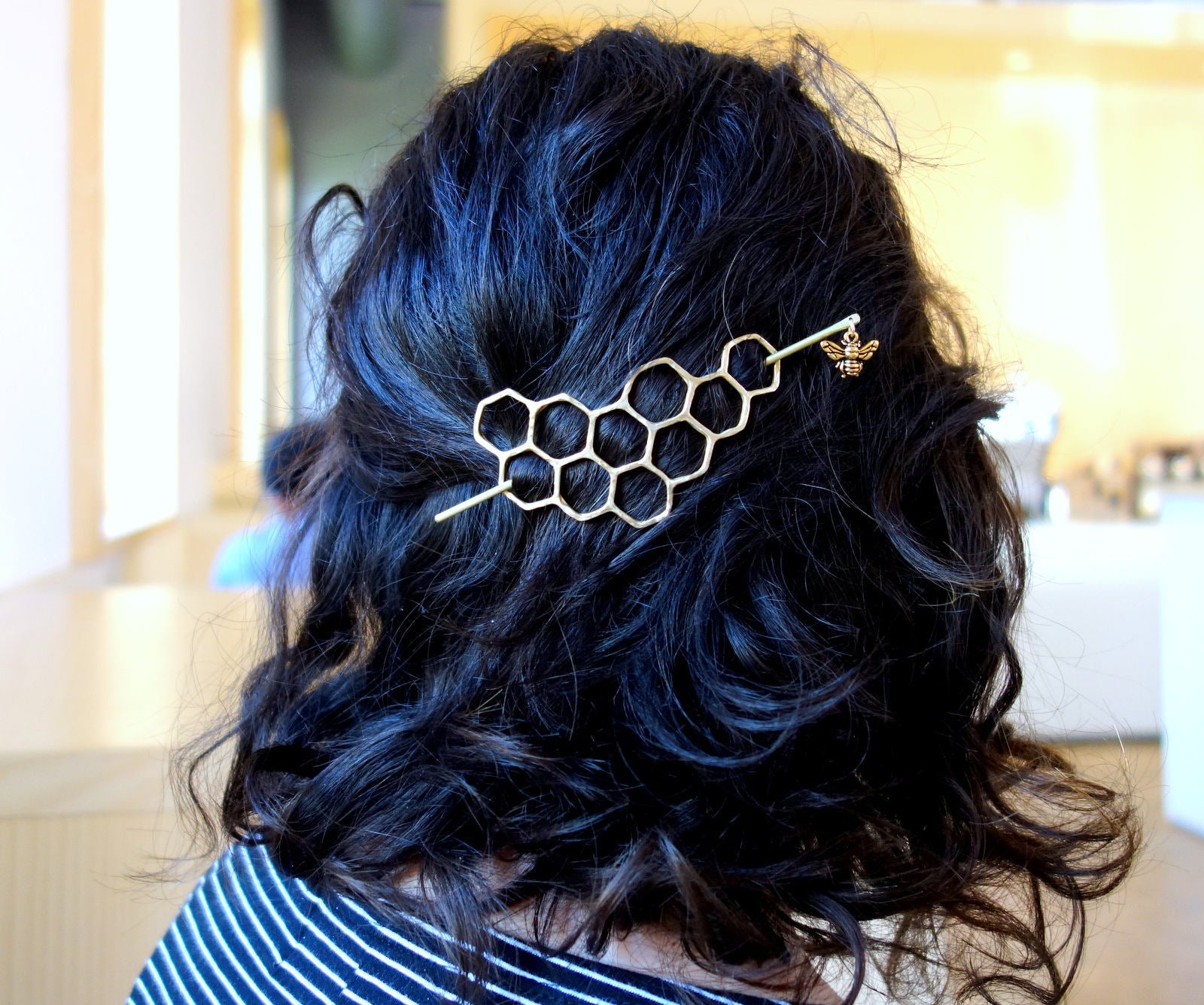 Large Brass Honeycomb Handmade Hair Bun Slide Pin with Dangling Bee Hair  Twist Bun Pin