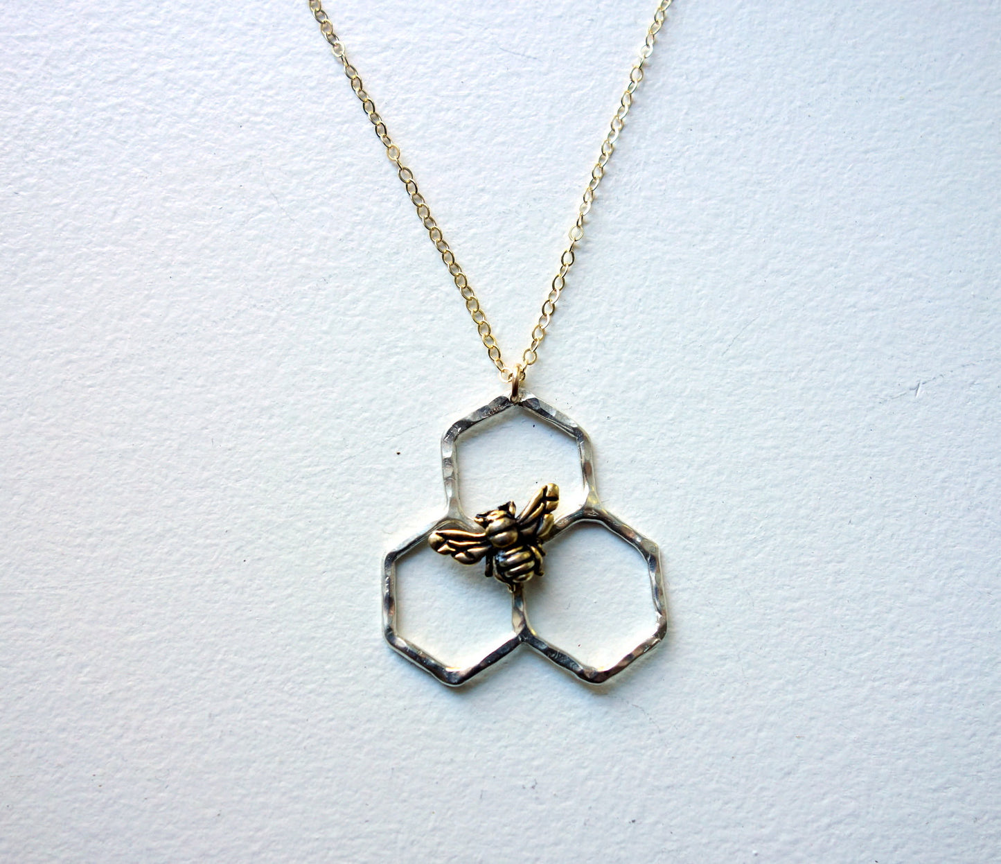 Sterling Silver Honeycomb Three Cell Comb Pendant with Gold Plated Bee by Rachel Pfeffer
