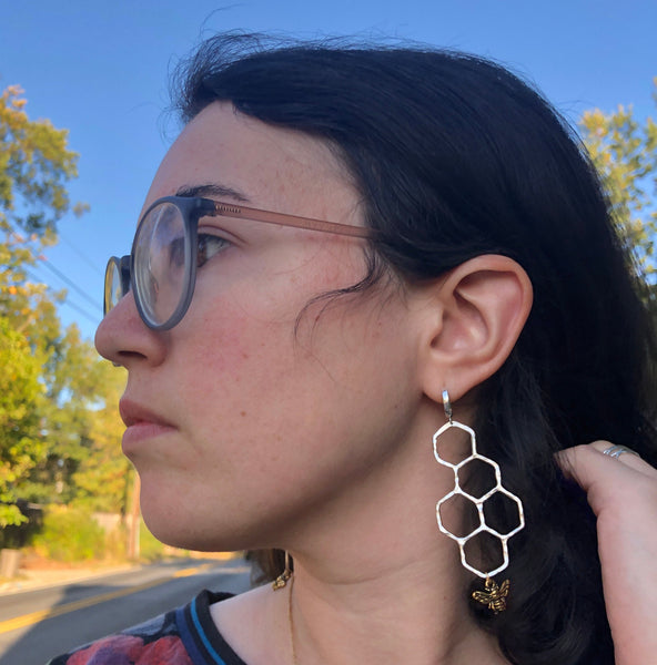Honeycomb Hoop Dangles in Sterling Silver with Gold Plated Honey Bees with Huggie  Hoops