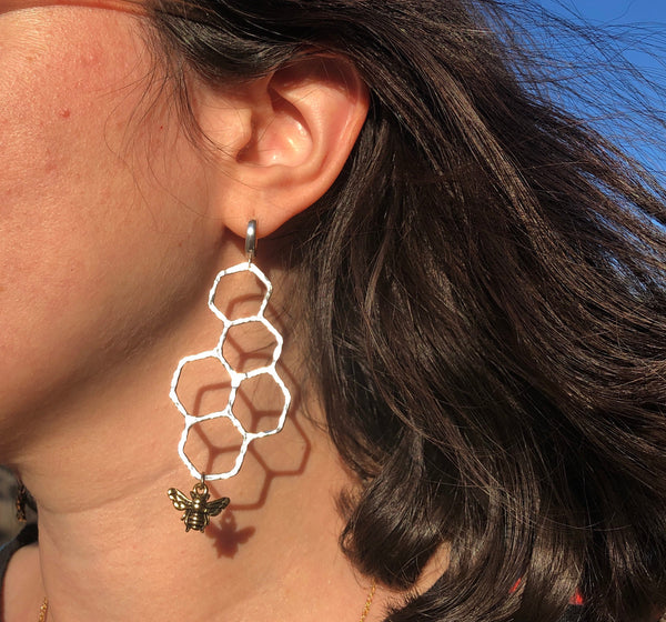 Honeycomb Hoop Dangles in Sterling Silver with Gold Plated Honey Bees with Huggie  Hoops