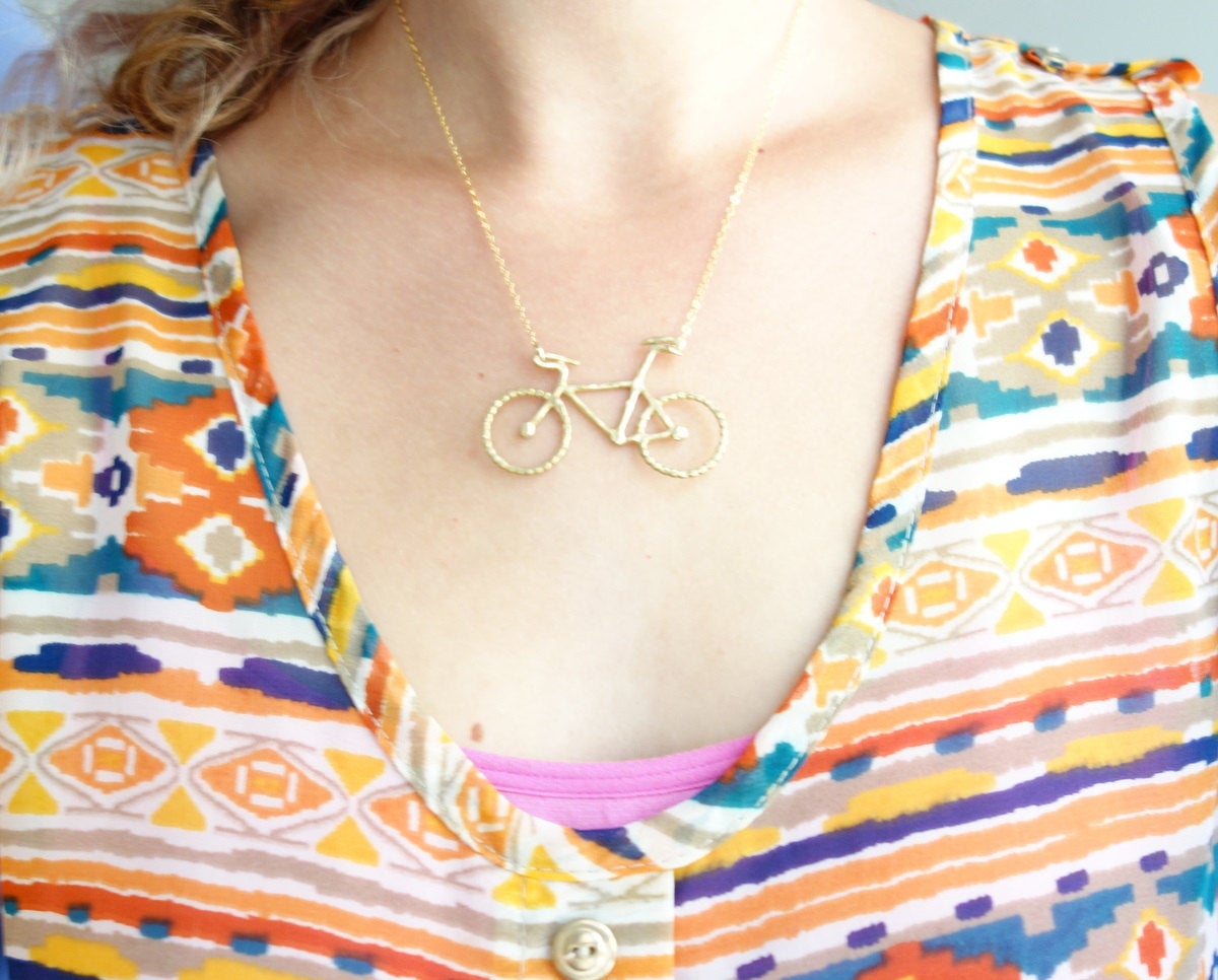 Original Rachel Pfeffer Brass Bike Necklace on 16 Gold Filled Chain