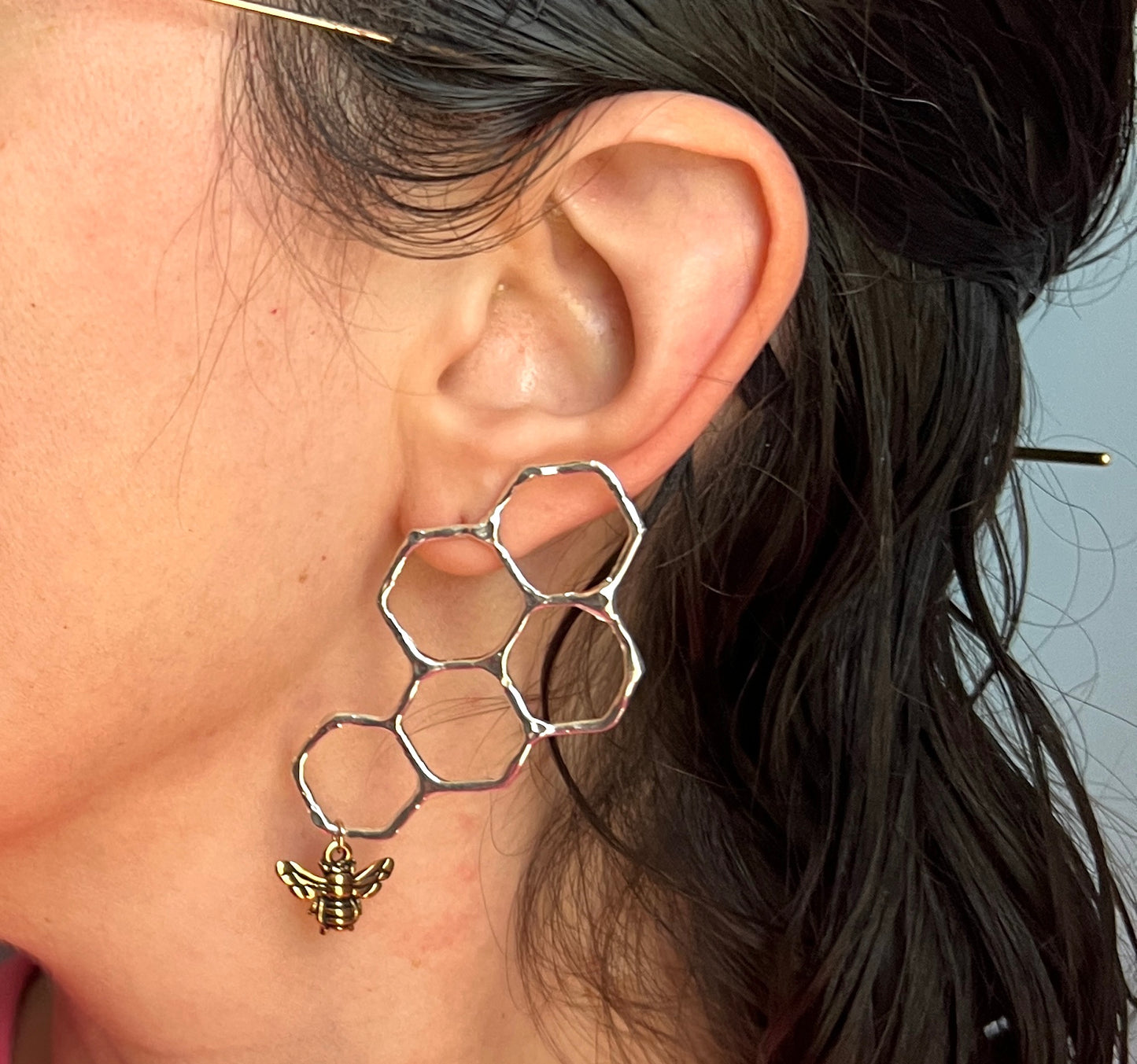 Sterling Silver Honeycomb Statement Studs with Dangling Bee