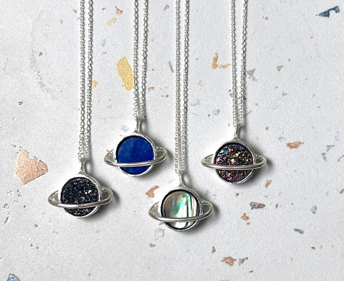 Stone or Druzy Saturn Pendants in Sterling Silver or 14k Gold Plate