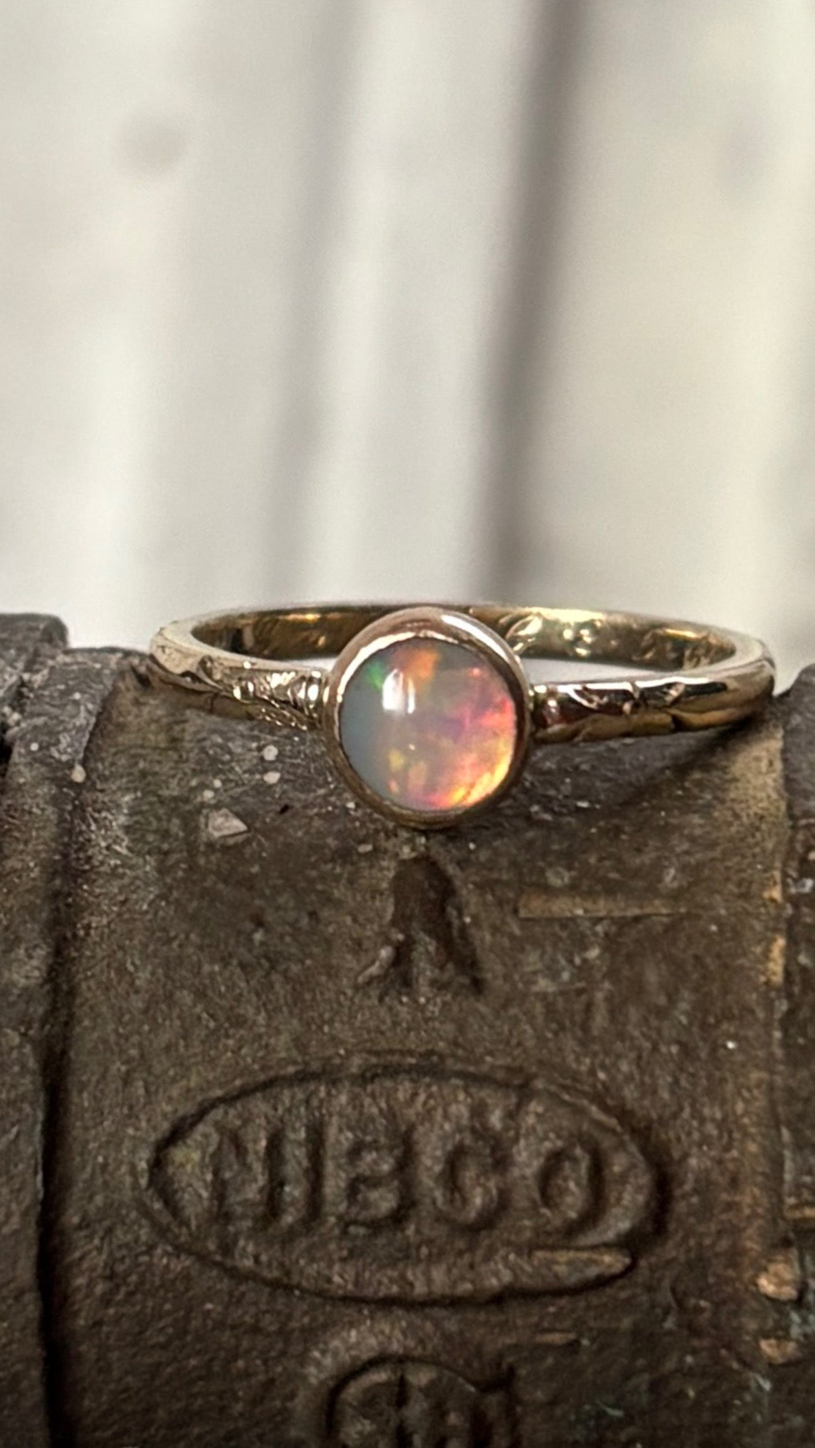 Ethiopian Opal in 14k yellow gold on engraved vintage 1966 floral band engagement ring upcycled gold
