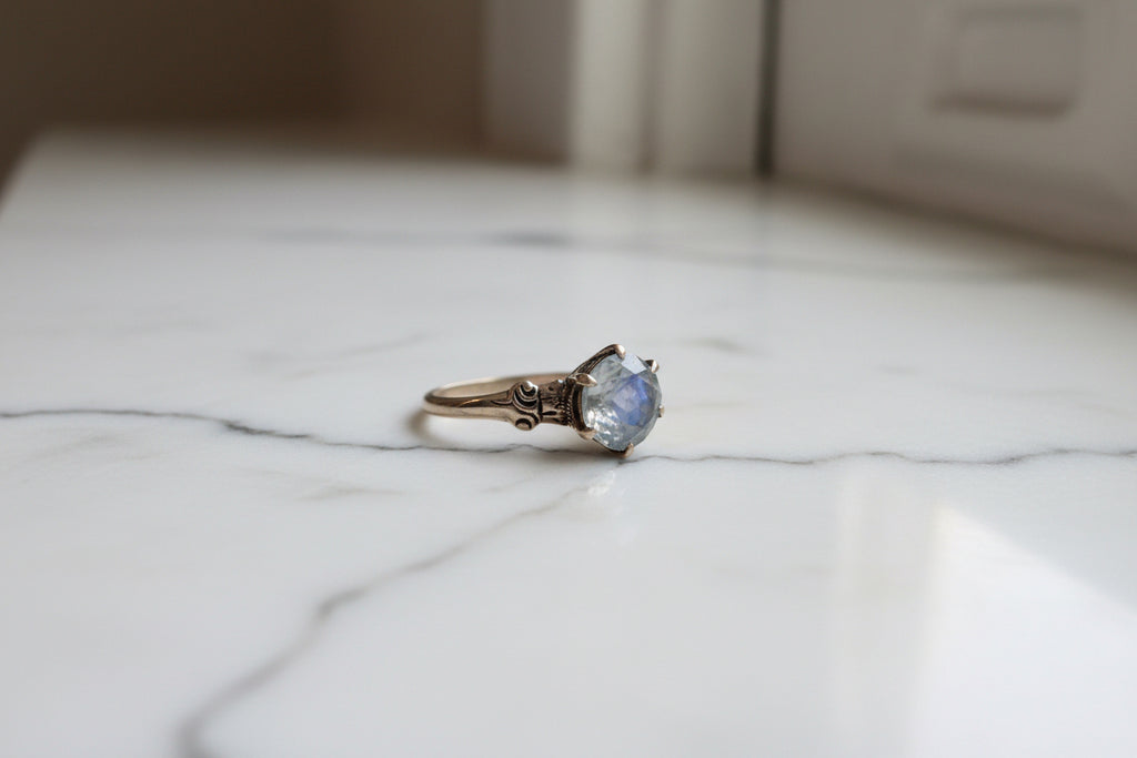 Faceted Moonstone Ring in 14k Antique Gold Setting