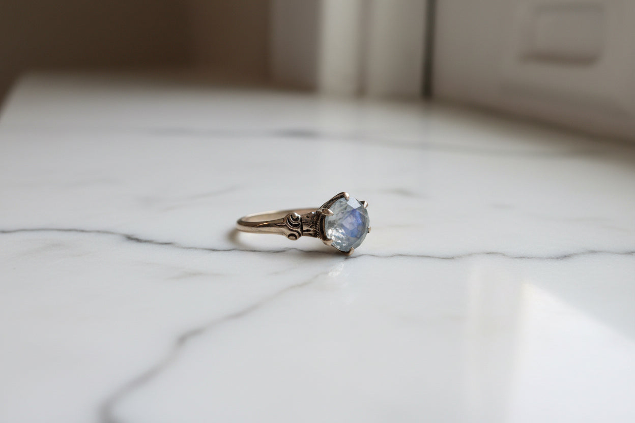 Faceted Moonstone Ring in 14k Antique Gold Setting