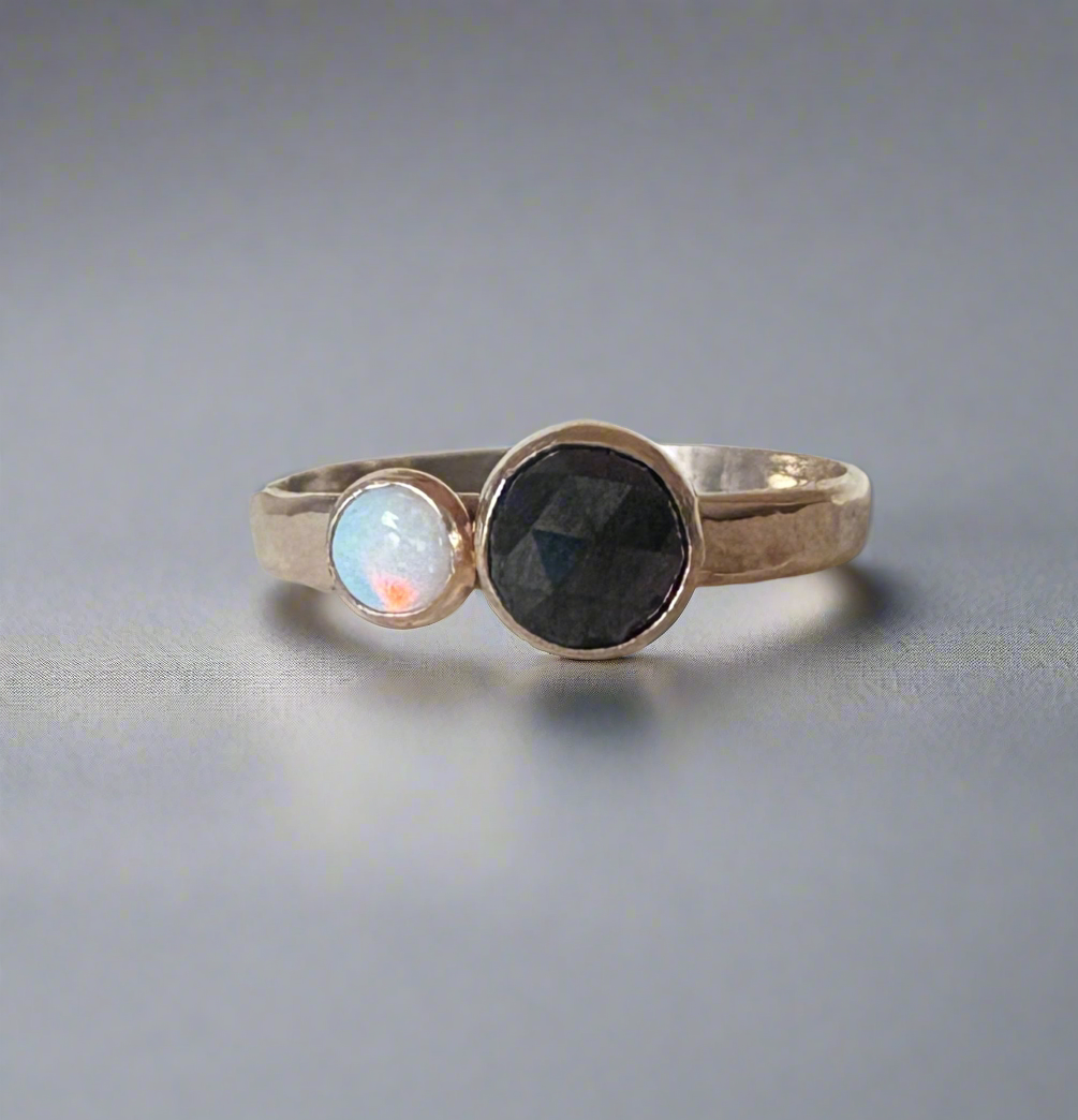 Black and White Ring Black Rosecut Diamond and Australian Opal Alternative Engagement Ring handmade
