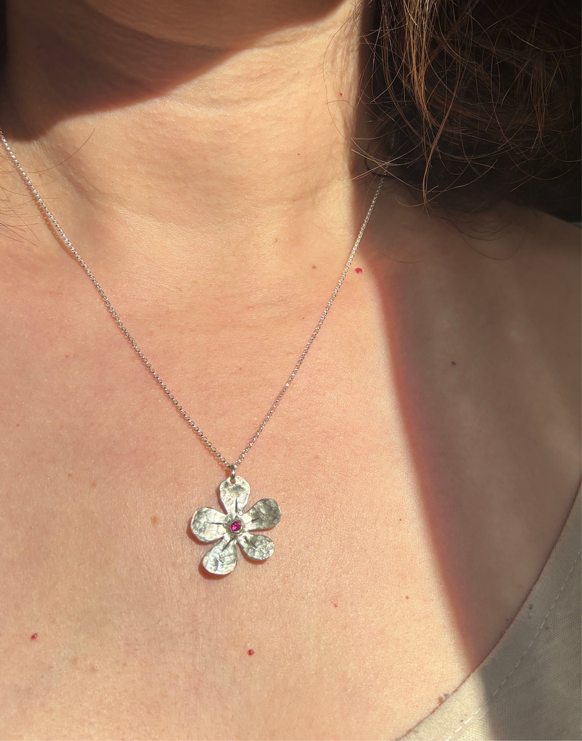 Custom Birthstone Forget Me Not Pendant Necklace in Sterling Silver