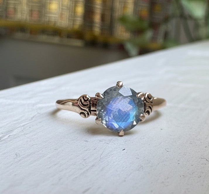 Faceted Moonstone Ring in 14k Antique Gold Setting